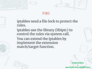 COSCUP2018
x
openSUSE.Asia GNOME.Asia
iptables
iptables need a file lock to protect the
rules.
iptables use the library (libiptc) to
control the rules via system call.
You can extend the iptables by
implement the extension
match/target function.
 