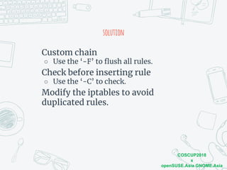 COSCUP2018
x
openSUSE.Asia GNOME.Asia
solution
Custom chain
○ Use the ‘-F’ to flush all rules.
Check before inserting rule...