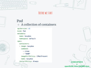 COSCUP2018
x
openSUSE.Asia GNOME.Asia
Beforewestart
Pod
○ A collection of containers
 