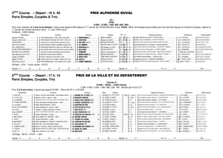 5ème
Course – Départ : 16 h. 40 PRIX ALPHONSE DUVAL
Paris Simples, Couplés  Trio.
(G.)
(Plat)
6.000 - (3.000, 1.200, 900, 600, 300).
Pour tous chevaux de 4 ans et au-dessus, n’ayant pas gagné 9.000 depuis le 1er
janvier de l’année dernière inclus. Poids : 57 k. Surcharges accumulées pour les sommes reçues en victoires et places, depuis le
1er
janvier de l’année dernière inclus : 1 k. par 3.000 reçus.
Distance : 2.600 mètres
Propriétaires Couleurs Chevaux * Montes Poids (1) Origines ♦ Eleveurs Entraîneurs Performances
Nicolas PAYSAN...................................................Gros-bl epaul.bleu-cl t cercl. bleu-cl et gr-bleu................................A8E4A:70;:Ê............................... 9 Alice DUMONT................. 62 58 ... H. b. 8 Khalkevi (IRE) et Ruyu River ♦ PATRICE HUAU ....................................... N. PAYSAN ................................4 2 4 5 4 (17) 6 0 4 1
Roland LOISELEUR ................................!Vert-clair epaul. brassagr-vert t vert-cl 1 eto gr-ver................................!B7C6D=...................................... 6 Dylan LECOMTE............ b 59 57,5 H. al. 6 Muhtathir (GB) et Bouffeylight ♦ PHILIPPE THIRIONET ....................................... !R. LOISELEUR..............................0 8 (17) 0 0 9 9 8 6 5
Gil RICHARD ........................................................Gros-bl 3 los.  brass jaunes t jaune los. gr-bl................................DC40BCUSAÊ............................ 10 Thibault SPEICHER............ 59 . ...... H. b. 4 Motivator (GB) et Flamenba (USA) ♦ WERTHEIMER  FRERE............................. C. LECRIVAIN...............................0 7 8 7 (17) 1 7 0 9
Jean-Yves PIHERY ................................#Verte brassards rouges t ecartelee rouge et vert................................#;0C0=84A4.................................. 11 Damien GIBELLO SACCO... 58,5 56 ... F. b. 4 Myboycharlie (IRE) et La Teranga ♦ MOUSSA MBACKE.......................... #S. GOUYETTE..............................4 4 4 0 (17) 1 2
Karl LAMONARCA................................ $Rouge epaul.blanches m rges cout. blanches t rge............................$1DA3860;0Ê............................ 2 M. Baptiste LE CLERC ...... b 58 59 ... H. bb. 5 Way Of Light (USA) et Tiara (GB) ♦ Mme ANTOINETTE TAMAGNI.................... $G. TAUPIN (S)...............................7s 1s 0 4 6 0 (17) 0 6 3
ECURIE PIERRE MERIENNE SC ...............................%Gros-vert bde noire m mi gr-vert mi-noir t ecar gr-vernoi...........................%;3270?..................................... 7 Damien BOUTET.............. 57 54,5 H. bb. 7 Early March (GB) et Chappaquidick ♦ GERARD SAMAMA................................... %J. MERIENNE................................6 0 (17) 4h 0 6 (15) Th 5 6h
Mme Marie-Anne LEVESQUE ................................Gros-vert m jaunes brassards gros-vert t jaune................................438=...................................... 5 Evann PLANCHENAULT ....c 57 56 ... H. b. 4 Spanish Moon (USA) et Dimoitoo ♦ Mme MARIE-ANNE LEVESQUE ................. Mme MA. LEVESQUE..................0 9 (17) 0
Mme Martine GOUYETTE................................'Blanche coutures roses t blanche........................................................'8=274B0F0HΦ............................ 8 Chloe GENDRON............. 55,5 51,5 F. b. 9 Gold Away (IRE) et Tchikala (GB) ♦ Mme ISABELLE CORBANI.......................... 'S. GOUYETTE..............................(17) 5 4 5 4 5 (16) 4 2 2
Joseph JEHANNO................................ (Rose un disque et m gros-bleu t rose................................ (8A8B7CDA................................. 1 Mlle Sophie THOUVENOT ... 55,5 54 ... F. b. 6 Irish Wells et Aubisquinette ♦ HARAS DU MA.......................................... (J. JEHANNO................................4 8 T (17) 7 3 5 9 9 0
Walter RYKART....................................................Damier rge et noir m rouges t rouge un los. noir................................3D28C0........................................... 3 Romane VIOLET .............. 55,5 51,5 F. b.-f. 6 Sagacity et Dulcica ♦ ANDREAS BRUNNERT.................................. P. CHEVILLARD ...........................5 Ah (16) 0 2 0 4 6 4 4
Mme Fanny VALET ................................ Noire bretelles rges m ray. rouge et noir t rouge................................5D=:H?A8=24BB.................... 4 NON PARTANT .............. 55,5 51,5 F. b.-f. 4 Kingsalsa (USA) et Give Me Everything (GB) ♦ BENOIT GIRRES....................... Mme F. VALET..............................7 0 (17) 0 0 8
29 Engts - 13 forf. - 1 Annul. de part. - 4 N.D.P.
Arrivée : 1er ............... 2e ............... 3e ............... 4e ............... 5e ............... 6e ............... 7e ............... 8e ............... 9e ............... 10e ............... - Mutuel : G ............... P ............... ............... ............... - PJ : G ............... P ............... ............... ............... - Trio ...............
6ème
Course – Départ : 17 h. 10 PRIX DE LA VILLE ET DU DEPARTEMENT
Paris Simples, Couplés, Trio
Course H
16.000. - Attelé. - 2.600 mètres.
7.200, 4.000, 2.240, 1.280, 800, 320, 160.- alloués par la S.E.C.F.
Pour 5 à 8 ans inclus, n’ayant pas gagné 97.000. - Recul de 25 m. à 50.000.
Propriétaires Couleurs Chevaux Gains Jockeys Origines ♦ Eleveurs Entraîneurs Performances
T. PARTAIX................................ Marron, Croix de Lorraine beige, t. écart. beige et marron. .........................30A8=434;0?A44ÐÐ................ 42 880 Pierre GROUSSARD.......* 2.600 F. n.pan 5 Let's Go Along et Redza de la Pree ♦ Jean Marie RAINJONNEAU .................B. ROBIN................................3. 6. 4. 2. D. A.
Ch. FOUILLEN.............................!Mi-gris, mi-vert, m. grises, t. verte. ......................................................!1A8603430A274..........................  43 740 CH. HENRY................. - F. al.br. 7 Lilium Madrik et Quiffa du Boulay ♦ Ecurie DARCHE ................................ !S. LE CERF................................7. 8. 5. D. Dm 7.
Z. LEGENDRE.............................Verte, étoile noire, m. bls, brass. jaunes,t. jaune,étoiles noires..............................20A;034B2A84A4BÐÐ.............. 44 710 B. BLACHET............... - F. b. 6 Rican Way et Nova de Talonay ♦ J.P.R. SIMON................................ B. BLACHET................................0. 5. 9. 5. 0. 9m
Ec. Christian BOISNARD ..................#Verte, brassards et écharpe jaunes, t. verte.................................#2038=46D4A=4E4IÐÐ............... 45 310 Matéo GODINEAU...........* - F. n.pan 6 Norman Jet et Novie du Tremblay ♦ S.C.E.A. Ecurie de BOT ONN .....................#CH. BOISNARD ............................0. 0. 7. 0. 0. 6.
Ch. AUVRAY................................$Bleue, étoiles blanches, t. bleue..........................................................$30D?78=3D?A4...........................  47 970 M. LEBREC................. - H. al. 5 Mickael de Vonnas et Hesione ♦ D.E. CORDEAU .............................................$CH. AUVRAY................................D. 7. 7. 5. 0. 7.
Ecurie La PETTEVINIERE.................%Verte, bretelles et m. jaunes, t. verte................................. %382C0C4DA34?;0H......................  49 000 Alexis JANNIER...............* - H. al.br. 5 Pacha du Pont et Quarla West ♦ S.C.E.A. Serge DELAUNAY .............................%S. ROGER................................4. 3. 5. 6. 1. 6.
E.G. BLOT................................ Rouge, m. rouges, coutures et t. noires.................................38E0B4H0ÐÑ................................... 49 450 E.G. BLOT................... - F. b. 5 Pad d'Urzy et Marina Seya ♦ J.P. BLOT .............................................................E.G. BLOT................................Dm 7. D. 5. D. 4.
Alain JURBERT ...........................'Verte, Croix de Saint-André blche, m. rges, t. écart. rge et vert.............................'3D2?0A4=C84AÑÐ....................... 49 970 A. HUBERT................. - H. b. 5 Lord Angot et Java de Janvrin ♦ F. LECAREUX................................ 'A. HUBERT ................................2. 2. 5. 3. 3. 0.
F. HEON.......................................(Rouge, étoile bleue, t. rouge................................................................(0:8A2703DAD4IÑÐ...... (E)  64 070 F. HEON...................... 2.625 F. noir 8 Flash de Cosse et Joyce du Rouezo ♦ Mlle M.CH. DESCLOITRE.......................(F. HEON................................8. 2. D. (17) 0. 6. D.
G. MELENDEZ.............................Verte, étoiles et m. blanches, t. verte................................. 3A40CDA6C.............................  87 370 F.X. KOENIG.................. - H. al. 5 Sancho Turgot et Kanasta Turgot ♦ S.C.E.A Ecurie TURGOT .............................F.X. KOENIG................................8. 9. 2. 0. 0. 7.
F. HEON....................................... Rouge, étoile bleue, t. rouge................................................................2A03D6D814;................... (E)  87 590 L. DANIELO................. - F. b. 6 Infant du Bossis et Nuance de Bisoir ♦ Mme Sylvie BARBOT ..............................F. HEON................................5. 0. 3. A. 0. 7.
Ecurie BENOIT ............................!Bleue, épaulettes et m. blanches, t. rayée blanc et bleu..............................!278?4DA3DA4;08B......................  88 440 Alexis PRAT................... - H. b. 6 Orlando Sport et Pamela du Relais ♦ A. BLEE ..................................................!B. CAILLIAU................................3. Dm 7. 7. 0. 4.
R. JAJOLET................................Bleu-clair, t. bleu-clair étoiles rouges. ................................ 20D20B84=ÐÐ................................. 91 520 R. JAJOLET ................ - H. al. 6 Rocklyn et Noce de Platine ♦ D. LASSAUSSAYE................................ R. JAJOLET................................D. 4. D. D. 8. 6.
D. LEMARCHAND.......................#Bleue, m. jaunes, t. bleue, coutures jaunes.................................#1070034B=34BÐÐ.............. 93 220 D. LEMARCHAND......... - F. b. 7 Overtrick et Okamaya Desti ♦ D. LEMARCHAND .............................................#D. LEMARCHAND ........................2. 4. 6. 1. Dm 3m
F. JOSEPH................................ $Bleu-fcé, brass. et Cr. de St-A. rges, t. écart. bl-fcé et rge...........................$380=43490=I4.............................  93 410 Mlle E. WROBEL .............* - F. al. 5 Redlight Jet et Lua du Goutier ♦ Mme Eliane SORIEUX ................................$F. JOSEPH................................4. 1. 3. 5. 1. D.
Ecurie J.R................................. %Noire, ceinture, m. et t. vertes..............................................................%1=E4=C.........................................  96 290 G. GUILBERT ................ - H. al. 7 Baccarat du Pont et L'Aventuriere ♦ S.N.C. Jean LEVESQUE .............................%J. BRUNEAU................................7. 6. 0. 8. 7. 9.
129 Engts - 104 forf. - 8 N.D.P. - 1 Elim.
Arrivée : 1er ............... 2e ............... 3e ............... 4e ............... 5e ............... 6e ............... 7e ............... 8e ............... 9e ............... 10e ............... - Mutuel : G ............... P ............... ............... ............... - PJ : G ............... P ............... ............... ............... - Trio ...............
 