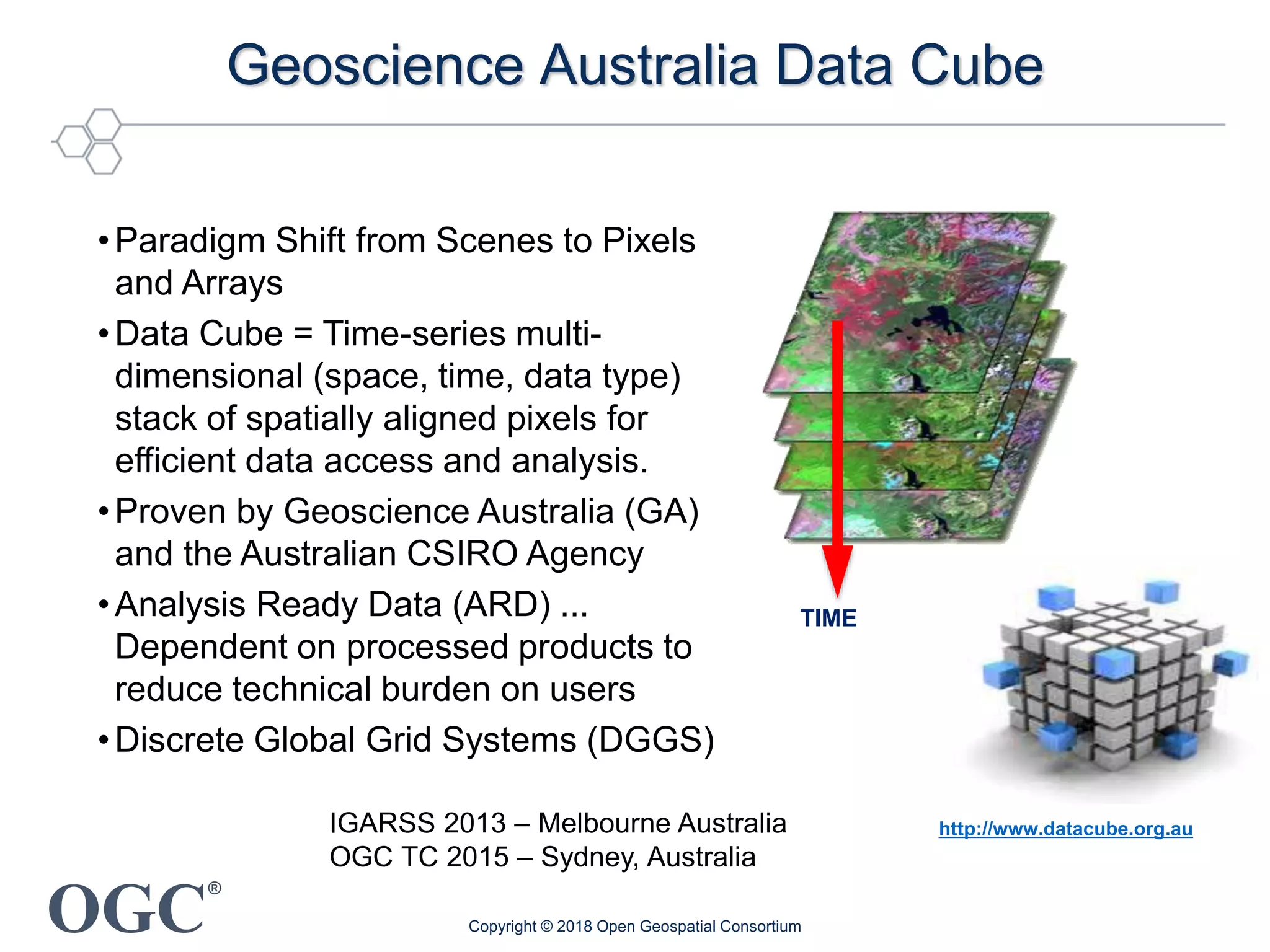 OGC
®
Geoscience Australia Data Cube
•Paradigm Shift from Scenes to Pixels
and Arrays
•Data Cube = Time-series multi-
dimensional (space, time, data type)
stack of spatially aligned pixels for
efficient data access and analysis.
•Proven by Geoscience Australia (GA)
and the Australian CSIRO Agency
•Analysis Ready Data (ARD) ...
Dependent on processed products to
reduce technical burden on users
•Discrete Global Grid Systems (DGGS)
TIME
http://www.datacube.org.au
Copyright © 2018 Open Geospatial Consortium
IGARSS 2013 – Melbourne Australia
OGC TC 2015 – Sydney, Australia
 