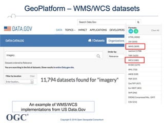 OGC
®
GeoPlatform – WMS/WCS datasets
Copyright © 2018 Open Geospatial Consortium
An example of WMS/WCS
implementations from US Data.Gov
 
