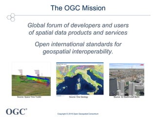 OGC
®
The OGC Mission
Global forum of developers and users
of spatial data products and services
Open international standards for
geospatial interoperability.
Source: 3d Stadtmodell Berlin
Copyright © 2018 Open Geospatial Consortium
Source: One GeologySource: Space Time Toolkit
 