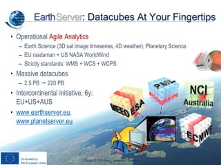 OGC
®
EarthServer: Datacubes At Your Fingertips
• Operational Agile Analytics
– Earth Science (3D sat image timeseries, 4D weather); Planetary Science
– EU rasdaman + US NASA WorldWind
– Strictly standards: WMS + WCS + WCPS
• Massive datacubes
– 2.5 PB  220 PB
• Intercontinental initiative, 6y:
EU+US+AUS
• www.earthserver.eu,
www.planetserver.eu
Copyright © 2018 Open Geospatial Consortium
 