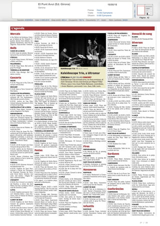 16/08/18El Punt Avui (Ed. Girona)
Gerona
Prensa: Diaria
Tirada: 10.602 Ejemplares
Difusión: 8.606 Ejemplares
Página: 42
Sección: AGENDA Valor: 4.903,00 € Área (cm2): 863,4 Ocupación: 100 % Documento: 1/1 Autor: Núm. Lectores: 34424
Cód:119921897
27 / 30
 