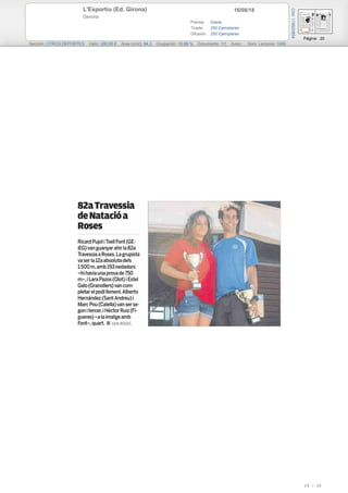 16/08/18L'Esportiu (Ed. Girona)
Gerona
Prensa: Diaria
Tirada: 250 Ejemplares
Difusión: 250 Ejemplares
Página: 20
Sección: OTROS DEPORTES Valor: 290,00 € Área (cm2): 94,3 Ocupación: 10,99 % Documento: 1/1 Autor: Núm. Lectores: 1000
Cód:119920854
29 / 30
 