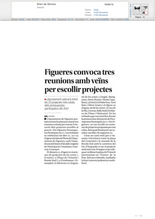 16/08/18Diari de Girona
Gerona
Prensa: Diaria
Tirada: 6.926 Ejemplares
Difusión: 5.040 Ejemplares
Página: 13
Sección: LOCAL Valor: 247,00 € Área (cm2): 125,8 Ocupación: 13,1 % Documento: 1/1 Autor: DdG FIGUERES Núm. Lectores: 27000
Cód:119924613
6 / 30
 