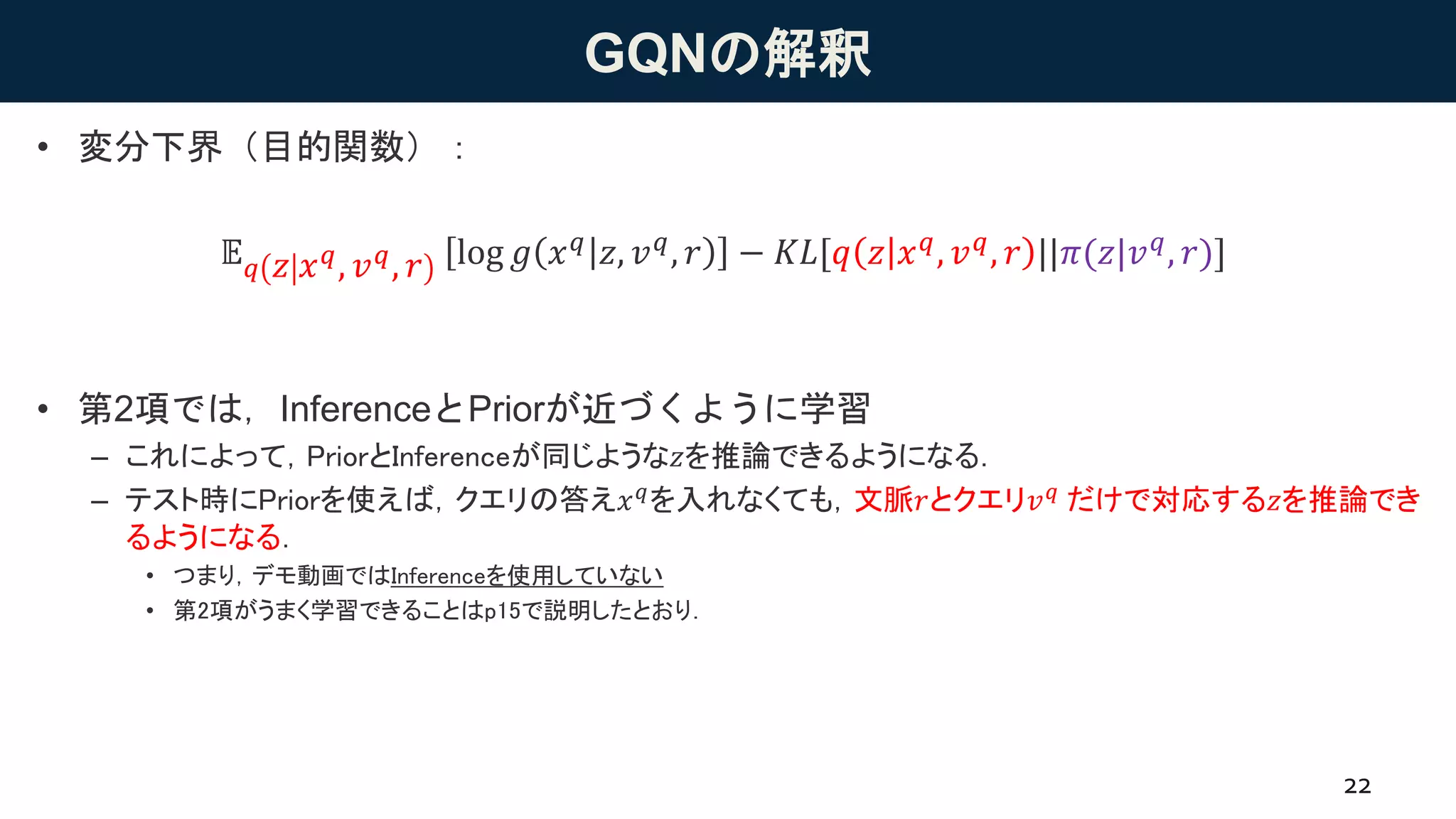 GQNの解釈
• 変分下界（目的関数）：
• 第2項では，InferenceとPriorが近づくように学習
– これによって，PriorとInferenceが同じような𝑧を推論できるようになる．
– テスト時にPriorを使えば，クエリの答え𝑥 𝑞を入れなくても，文脈𝑟とクエリ𝑣 𝑞 だけで対応する𝑧を推論でき
るようになる．
• つまり，デモ動画ではInferenceを使用していない
• 第2項がうまく学習できることはp15で説明したとおり．
22
𝔼 𝑞 𝑧 𝑥 𝑞, 𝑣 𝑞, 𝑟 log 𝑔 𝑥 𝑞 𝑧, 𝑣 𝑞, 𝑟 − 𝐾𝐿[𝑞 𝑧 𝑥 𝑞, 𝑣 𝑞, 𝑟 ||𝜋(𝑧|𝑣 𝑞, 𝑟)]
 