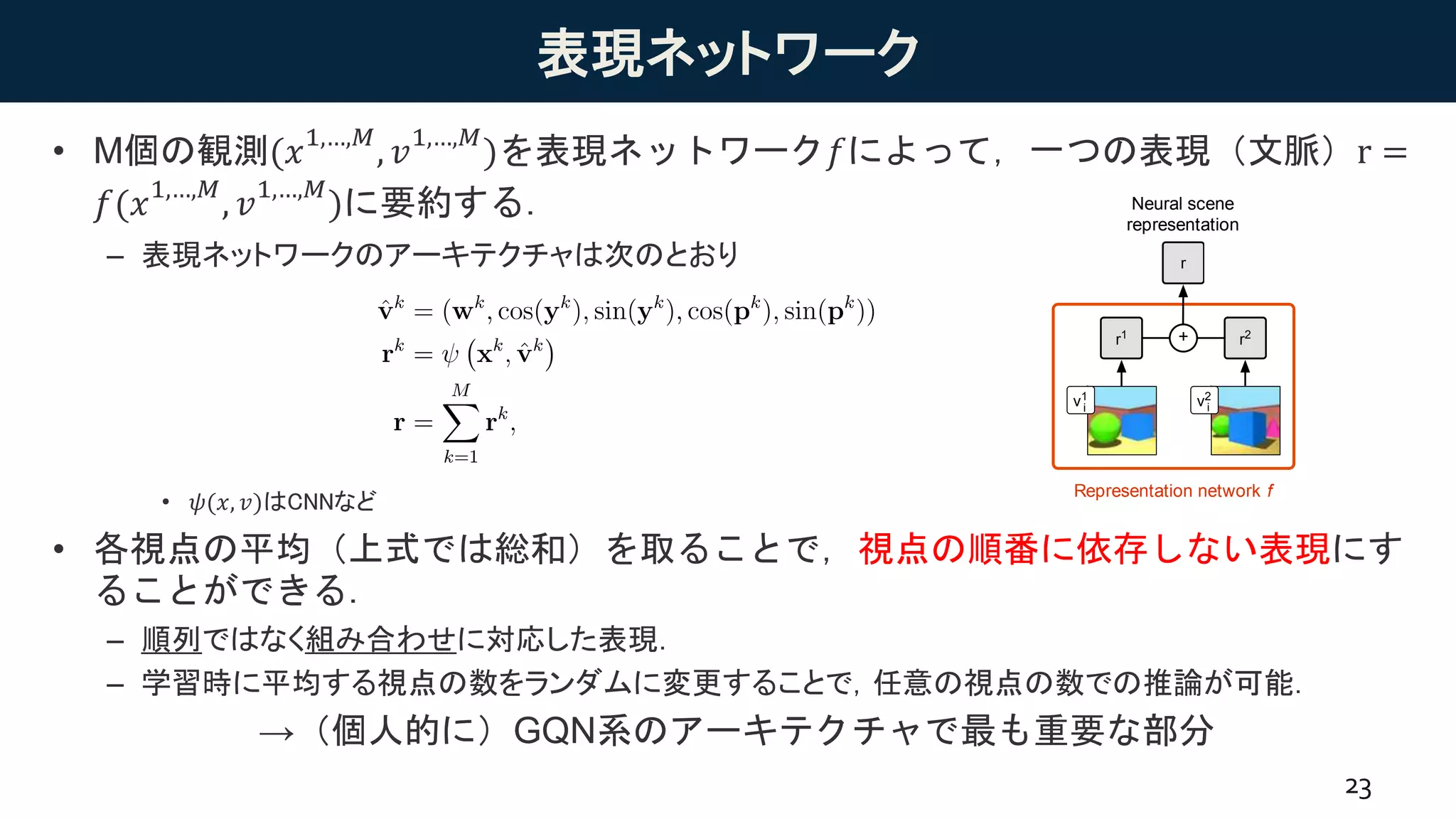 表現ネットワーク
• M個の観測(𝑥1,…,𝑀
, 𝑣1,…,𝑀
)を表現ネットワーク𝑓によって，一つの表現（文脈）r =
𝑓(𝑥1,…,𝑀
, 𝑣1,…,𝑀
)に要約する．
– 表現ネットワークのアーキテクチャは次のとおり
• 𝜓(𝑥, 𝑣)はCNNなど
• 各視点の平均（上式では総和）を取ることで，視点の順番に依存しない表現にす
ることができる．
– 順列ではなく組み合わせに対応した表現．
– 学習時に平均する視点の数をランダムに変更することで，任意の視点の数での推論が可能．
→（個人的に）GQN系のアーキテクチャで最も重要な部分
23
Fig. 1. Schematic illustration of the Generative Query Network. (A) Th
training scene ! from different viewpoints (in this example from &$
/
, &$
@
and
to the representation network 2 are observations made from viewpoints &$
/
output is the scene representation 4, which is obtained by element-wise sum
observations’ representations. The generation network, a recurrent latent va
representation to predict what the scene would look like from a different vi
A B
r1
r2
r
h1
z
GeneRepresentation network f
v2
v3
v1
v2v1 v3
Neural scene
representation
Query
Latent
+
i
i i
i i i
Observation 1
Observation 3Observation 2
 