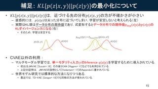 補足： 𝐾𝐿[𝑝(𝑧|𝑥, 𝑦)||𝑝(𝑧|𝑦)]の最小化について
• 𝐾𝐿[𝑝(𝑧|𝑥, 𝑦)||𝑝(𝑧|𝑦)]は，近づける先の分布𝑝(𝑧|𝑥, 𝑦)の方が不確かさが小さい
– 直感的には， 𝑝(𝑧|𝑦)は尖った分布に近づいてしまい，学習が安定しないと考えられる（左）
– 実際はKL項はデータ分布の期待値であり，式変形するとデータ分布での期待値𝑝 𝑎𝑣𝑔(𝑧|𝑦)と𝑝(𝑧|𝑦)の
KLダイバージェンスになる（右）
• そのため，学習は安定する．
• CVAE以外の利用：
– マルチモーダル学習では，単一モダリティ入力 𝑦のInference 𝑞(𝑧|𝑦)を学習するために導入されている．
• 初出はJMVAE [Suzuki+ 16]，その後SCAN [Higgins+ 17]などでも利用されている．
• 上記の証明は， JMVAEの説明として[Vedantam+ 17]のAppendixに書かれている．
– 世界モデル研究では標準的な方法になりつつある．
• 最近では，TD-VAE [Gregor+ 18]でも同様の方法が使われている．
15
𝑝(𝑧|𝑥, 𝑦) 𝑝(𝑧|𝑦)
𝑝 𝑎𝑣𝑔(𝑧|𝑦) = 𝐸 𝑝 𝑑𝑎𝑡𝑎(𝑥|𝑦)[𝑝 𝑧 𝑥, 𝑦 ]
𝑝(𝑧|𝑦)
 