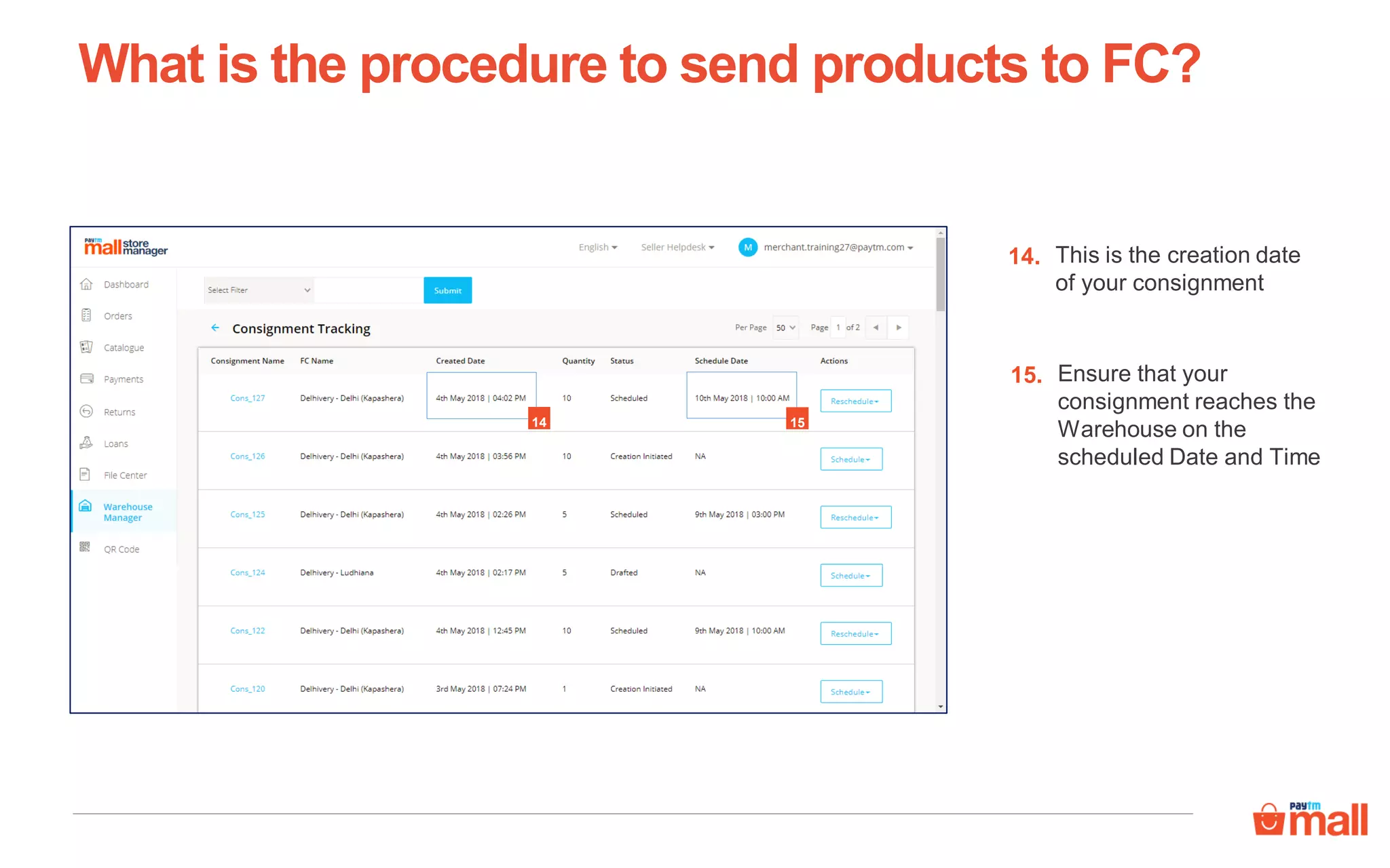 What is the procedure to send products to FC?
This is the creation date
of your consignment
14.
Ensure that your
consignment reaches the
Warehouse on the
scheduled Date and Time
15.
14 15
 