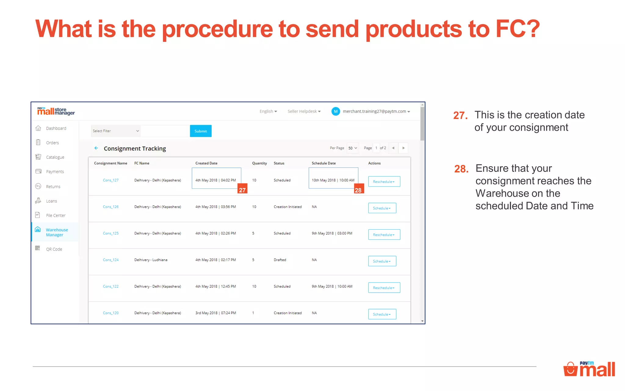 What is the procedure to send products to FC?
This is the creation date
of your consignment
27.
Ensure that your
consignment reaches the
Warehouse on the
scheduled Date and Time
28.
27 28
 