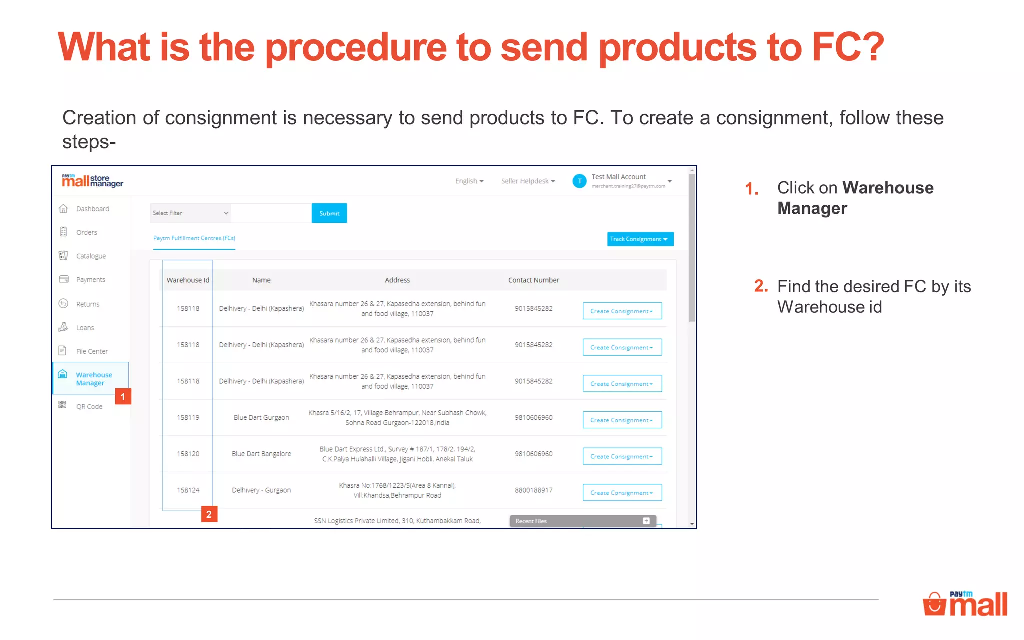 Creation of consignment is necessary to send products to FC. To create a consignment, follow these
steps-
1.
1
Click on Warehouse
Manager
What is the procedure to send products to FC?
2
Find the desired FC by its
Warehouse id
2.
 