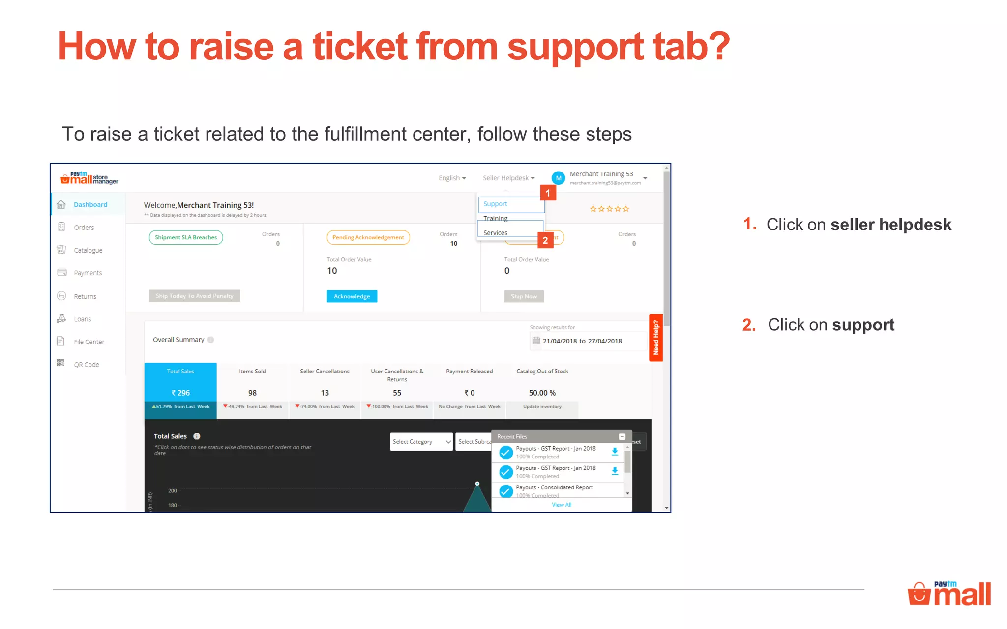 To raise a ticket related to the fulfillment center, follow these steps
Click on seller helpdesk1.
1
2
Click on support2.
How to raise a ticket from support tab?
 