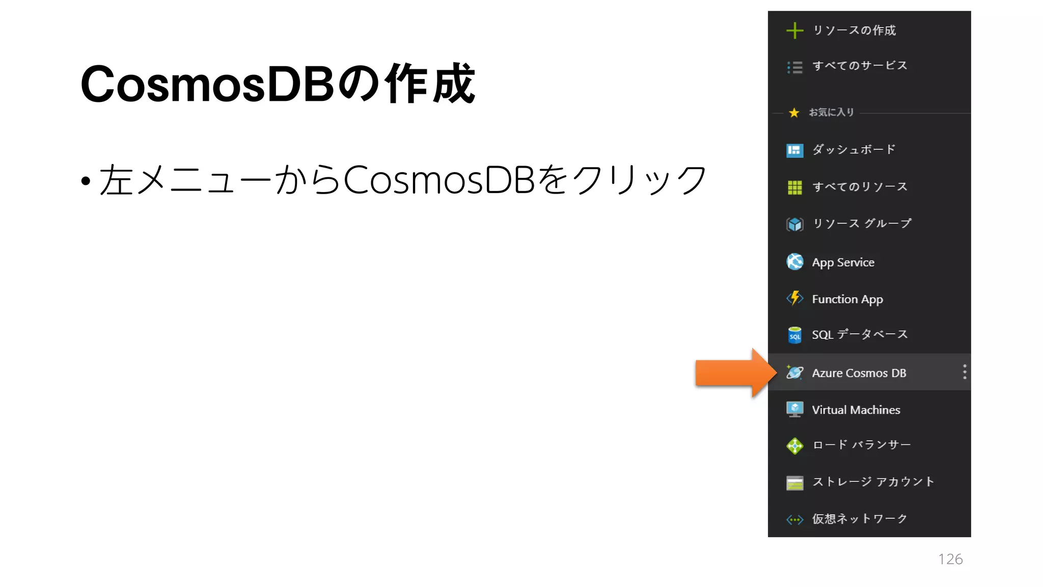 CosmosDBの作成
• 左メニューからCosmosDBをクリック
126
 