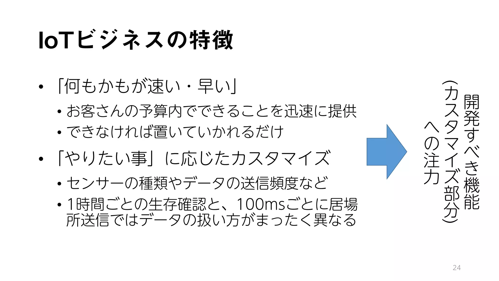 IoTビジネスの特徴
• 「何もかもが速い・早い」
• お客さんの予算内でできることを迅速に提供
• できなければ置いていかれるだけ
• 「やりたい事」に応じたカスタマイズ
• センサーの種類やデータの送信頻度など
• 1時間ごとの生存確認と、100msごとに居場
所送信ではデータの扱い方がまったく異なる
24
開
発
す
べ
き
機
能
(
カ
ス
タ
マ
イ
ズ
部
分
)
へ
の
注
力
 