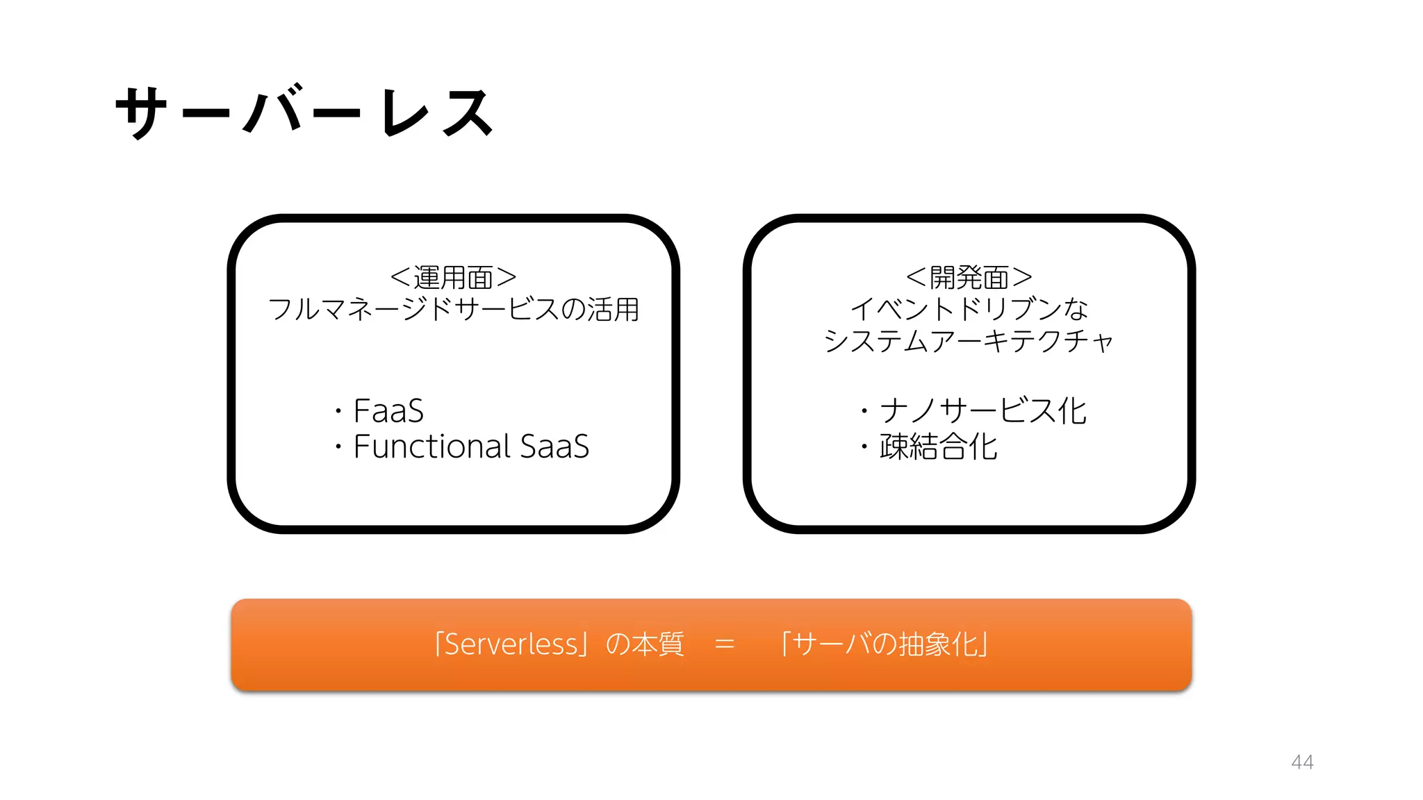 サーバーレス
44
「Serverless」の本質 ＝ 「サーバの抽象化」
＜運用面＞
フルマネージドサービスの活用
・FaaS
・Functional SaaS
＜開発面＞
イベントドリブンな
システムアーキテクチャ
・ナノサービス化
・疎結合化
 