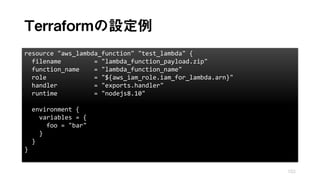 Terraformの設定例
102
resource "aws_lambda_function" "test_lambda" {
filename = "lambda_function_payload.zip"
function_name = "lambda_function_name"
role = "${aws_iam_role.iam_for_lambda.arn}"
handler = "exports.handler"
runtime = "nodejs8.10"
environment {
variables = {
foo = "bar"
}
}
}
 