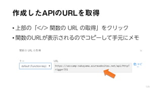 作成したAPIのURLを取得
• 上部の「</> 関数の URL の取得」をクリック
• 関数のURLが表示されるのでコピーして手元にメモ
120
 