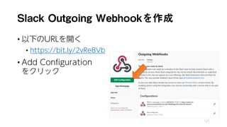 Slack Outgoing Webhookを作成
• 以下のURLを開く
• https://bit.ly/2vReBVb
• Add Configuration
をクリック
121
 