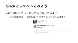Slackでしゃべってみよう
• #2018-b7 チャンネルで何か話してみよう
• 自分のbotが、「Hello」を付けて返してくれるはず！
124
 