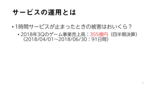 サービスの運用とは
• 1時間サービスが止まったときの被害はおいくら？
• 2018年3Qのゲーム事業売上高：355億円（四半期決算）
（2018/04/01～2018/06/30：91日間）
13
 