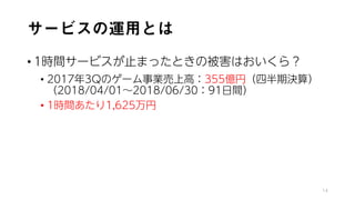 サービスの運用とは
• 1時間サービスが止まったときの被害はおいくら？
• 2017年3Qのゲーム事業売上高：355億円（四半期決算）
（2018/04/01～2018/06/30：91日間）
• 1時間あたり1,625万円
14
 