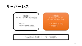 サーバーレス
59
「Serverless」の本質 ＝ 「サーバの抽象化」
＜運用面＞
フルマネージドサービスの活用
・FaaS
・Functional SaaS
＜開発面＞
イベントドリブンな
システムアーキテクチャ
・ナノサービス化
・疎結合化
 