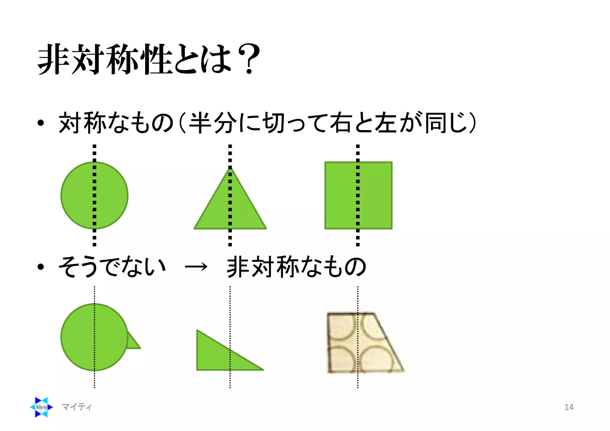 非対称性とは？
• 対称なもの（半分に切って右と左が同じ）
• そうでない → 非対称なもの
マイティ 14
 