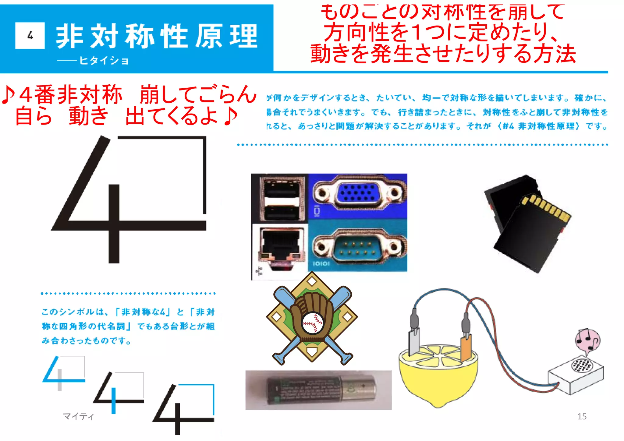 ものごとの対称性を崩して
方向性を１つに定めたり、
動きを発生させたりする方法
マイティ 15
♪４番非対称 崩してごらん
自ら 動き 出てくるよ♪
 