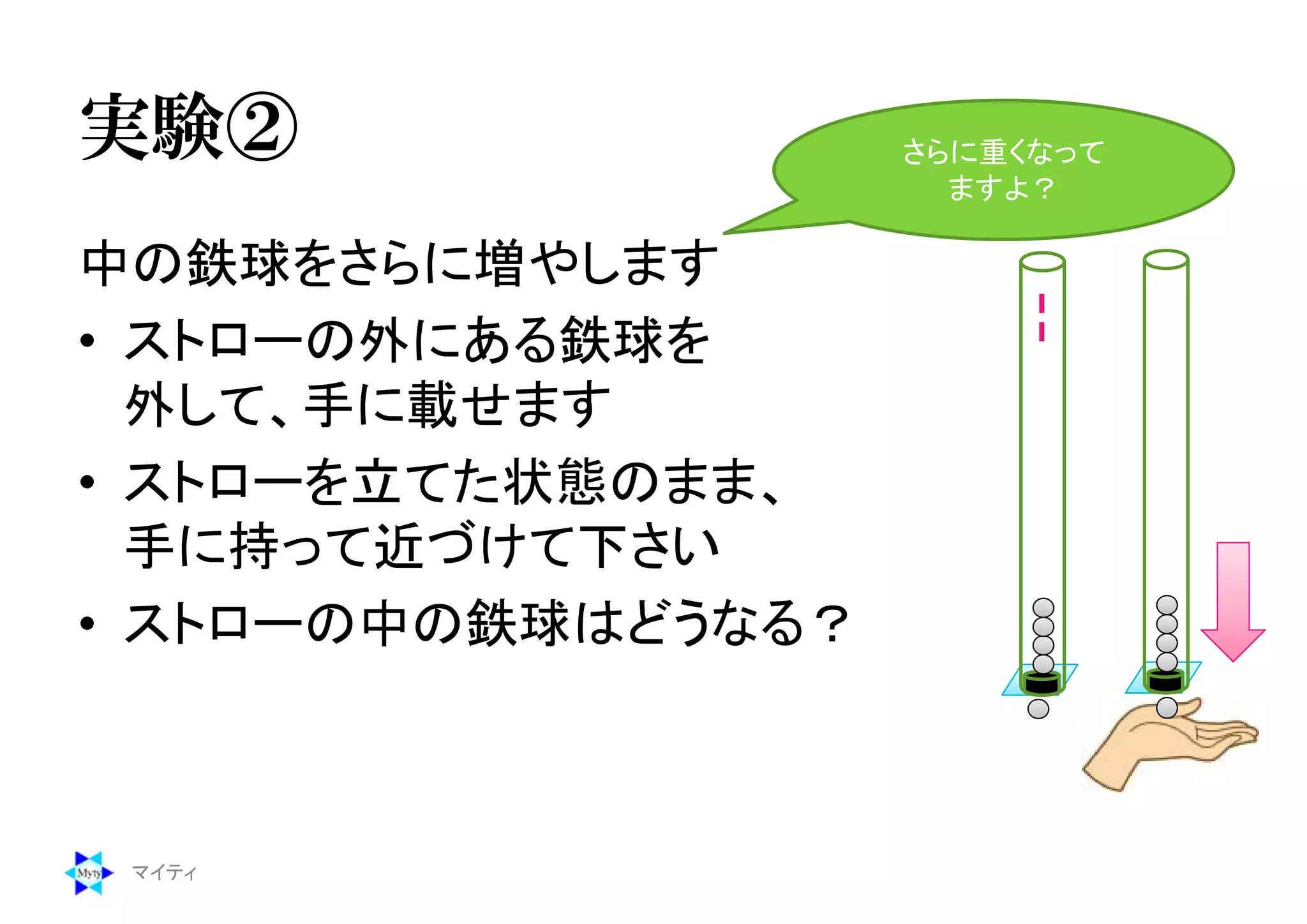 実験②
中の鉄球をさらに増やします
• ストローの外にある鉄球を
外して、手に載せます
• ストローを立てた状態のまま、
手に持って近づけて下さい
• ストローの中の鉄球はどうなる？
マイティ
さらに重くなって
ますよ？
 