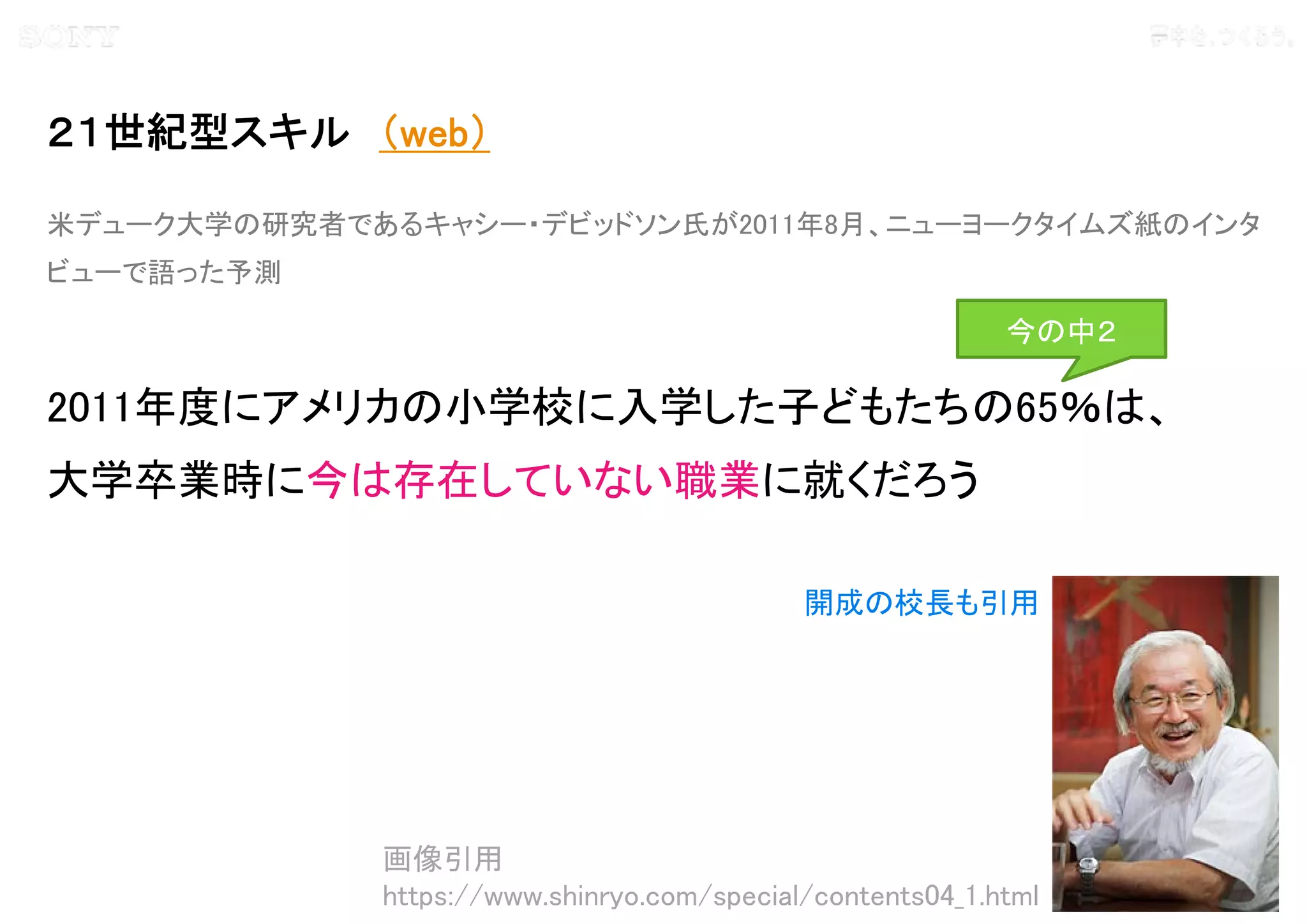 Copyright 2015 Sony Corporation5
Copying / ing Prohibited
Encryption required
２１世紀型スキル （web）
米デューク大学の研究者であるキャシー・デビッドソン氏が2011年8月、ニューヨークタイムズ紙のインタ
ビューで語った予測
2011年度にアメリカの小学校に入学した子どもたちの65％は、
大学卒業時に今は存在していない職業に就くだろう
開成の校長も引用
画像引用
https://www.shinryo.com/special/contents04_1.html
今の中２
 