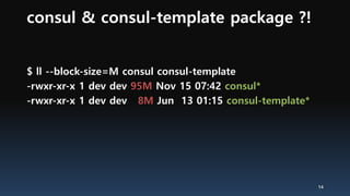 consul & consul-template package ?!
$ ll --block-size=M consul consul-template
-rwxr-xr-x 1 dev dev 95M Nov 15 07:42 consul*
-rwxr-xr-x 1 dev dev 8M Jun 13 01:15 consul-template*
14
 