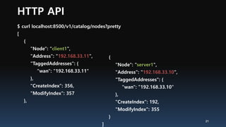 HTTP API
$ curl localhost:8500/v1/catalog/nodes?pretty
[
{
"Node": "client1",
"Address": "192.168.33.11",
"TaggedAddresses": {
"wan": "192.168.33.11"
},
"CreateIndex": 356,
"ModifyIndex": 357
},
21
{
"Node": "server1",
"Address": "192.168.33.10",
"TaggedAddresses": {
"wan": "192.168.33.10"
},
"CreateIndex": 192,
"ModifyIndex": 355
}
]
 