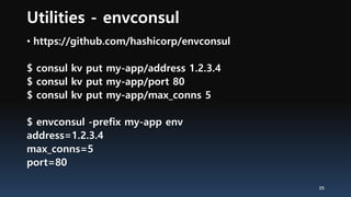 Utilities - envconsul
• https://github.com/hashicorp/envconsul
$ consul kv put my-app/address 1.2.3.4
$ consul kv put my-app/port 80
$ consul kv put my-app/max_conns 5
$ envconsul -prefix my-app env
address=1.2.3.4
max_conns=5
port=80
25
 
