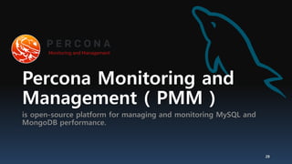 Percona Monitoring and
Management ( PMM )
is open-source platform for managing and monitoring MySQL and
MongoDB performance.
28
 