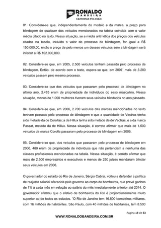 Página 19 de 53
WWW.RONALDOBANDEIRA.COM.BR
01. Considere-se que, independentemente do modelo e da marca, o preço para
blindagem de qualquer dos veículos mencionados na tabela coincida com o valor
médio citado no texto. Nessa situação, se a média aritmética dos preços dos veículos
citados na tabela, incluído o valor do processo de blindagem, for igual a R$
150.000,00, então o preço de pelo menos um desses veículos sem a blindagem será
inferior a R$ 102.000,000.
02. Considere-se que, em 2005, 2.500 veículos tenham passado pelo processo de
blindagem. Então, de acordo com o texto, espera-se que, em 2007, mais de 3.200
veículos passem pelo mesmo processo.
03. Considere-se que dos veículos que passaram pelo processo de blindagem no
último ano, 2.485 eram de propriedade de indivíduos do sexo masculino. Nessa
situação, menos de 1.000 mulheres tiveram seus veículos blindados no ano passado.
04. Considere-se que, em 2006, 2.700 veículos das marcas mencionadas no texto
tenham passado pelo processo de blindagem e que a quantidade de Vectras tenha
sido metade da de Corollas; a de Hillux tenha sido metade da de Vectras, e a da marca
Passat, metade da de Hillux. Nessa situação, é correto afirmar que mais de 1.500
veículos da marca Corolla passaram pelo processo de blindagem em 2006.
05. Considere-se que, dos veículos que passaram pelo processo de blindagem em
2006, 480 eram de propriedade de indivíduos que não pertenciam a nenhuma das
classes profissionais mencionadas na tabela. Nessa situação, é correto afirmar que
mais de 2.500 empresários e executivos e menos de 250 juízes mandaram blindar
seus veículos em 2006.
O governador do estado do Rio de Janeiro, Sérgio Cabral, voltou a defender a política
de reajuste salarial oferecida pelo governo ao corpo de bombeiros, que prevê ganhos
de 1% a cada mês em relação ao salário do mês imediatamente anterior até 2014. O
governador afirmou que o efetivo de bombeiros do Rio é proporcionalmente muito
superior ao de todos os estados. “O Rio de Janeiro tem 16.500 bombeiros militares,
com 16 milhões de habitantes. São Paulo, com 40 milhões de habitantes, tem 8.500
 