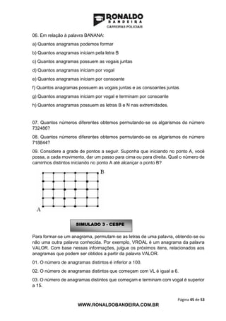 Página 45 de 53
WWW.RONALDOBANDEIRA.COM.BR
06. Em relação à palavra BANANA:
a) Quantos anagramas podemos formar
b) Quantos anagramas iniciam pela letra B
c) Quantos anagramas possuem as vogais juntas
d) Quantos anagramas iniciam por vogal
e) Quantos anagramas iniciam por consoante
f) Quantos anagramas possuem as vogais juntas e as consoantes juntas
g) Quantos anagramas iniciam por vogal e terminam por consoante
h) Quantos anagramas possuem as letras B e N nas extremidades.
07. Quantos números diferentes obtemos permutando-se os algarismos do número
732486?
08. Quantos números diferentes obtemos permutando-se os algarismos do número
718844?
09. Considere a grade de pontos a seguir. Suponha que iniciando no ponto A, você
possa, a cada movimento, dar um passo para cima ou para direita. Qual o número de
caminhos distintos iniciando no ponto A até alcançar o ponto B?
Para formar-se um anagrama, permutam-se as letras de uma palavra, obtendo-se ou
não uma outra palavra conhecida. Por exemplo, VROAL é um anagrama da palavra
VALOR. Com base nessas informações, julgue os próximos itens, relacionados aos
anagramas que podem ser obtidos a partir da palavra VALOR.
01. O número de anagramas distintos é inferior a 100.
02. O número de anagramas distintos que começam com VL é igual a 6.
03. O número de anagramas distintos que começam e terminam com vogal é superior
a 15.
SIMULADO 3 - CESPE
 