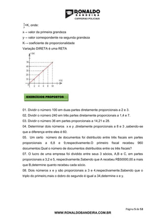 Página 5 de 53
WWW.RONALDOBANDEIRA.COM.BR
x
y
=K, onde:
x→ valor da primeira grandeza
y→ valor correspondente na segunda grandeza
K→ coeficiente de proporcionalidade
Variação DIRETA é uma RETA
01. Dividir o número 100 em duas partes diretamente proporcionais a 2 e 3.
02. Dividir o número 240 em três partes diretamente proporcionais a 1,4 e 7.
03. Dividir o número 36 em partes proporcionais a 14,21 e 28.
04. Determinar dois números x e y ,diretamente proporcionais a 8 e 3 ,sabendo-se
que a diferença entre eles é 60.
05. Um certo número de documentos foi distribuído entre três fiscais em partes
proporcionais a 6,8 e 9,respectivamente.O primeiro fiscal recebeu 960
documentos.Qual o número de documentos distribuídos entre os três fiscais?
07. O lucro de uma empresa foi dividido entre seus 3 sócios, A,B e C, em partes
proporcionais a 3,2 e 5, respectivamente.Sabendo que A recebeu R$50000,00 a mais
que B,determine quanto recebeu cada sócio.
08. Dois números x e y são proporcionais a 3 e 4,respectivamente.Sabendo que o
triplo do primeiro,mais o dobro do segundo é igual a 34,determine x e y.
EXERCÍCIOS PROPOSTOS
 