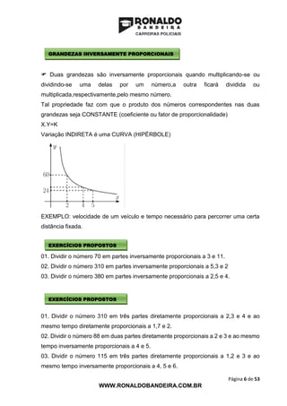 Página 6 de 53
WWW.RONALDOBANDEIRA.COM.BR
 Duas grandezas são inversamente proporcionais quando multiplicando-se ou
dividindo-se uma delas por um número,a outra ficará dividida ou
multiplicada,respectivamente,pelo mesmo número.
Tal propriedade faz com que o produto dos números correspondentes nas duas
grandezas seja CONSTANTE (coeficiente ou fator de proporcionalidade)
X.Y=K
Variação INDIRETA é uma CURVA (HIPÉRBOLE)
EXEMPLO: velocidade de um veículo e tempo necessário para percorrer uma certa
distância fixada.
01. Dividir o número 70 em partes inversamente proporcionais a 3 e 11.
02. Dividir o número 310 em partes inversamente proporcionais a 5,3 e 2
03. Dividir o número 380 em partes inversamente proporcionais a 2,5 e 4.
01. Dividir o número 310 em três partes diretamente proporcionais a 2,3 e 4 e ao
mesmo tempo diretamente proporcionais a 1,7 e 2.
02. Dividir o número 88 em duas partes diretamente proporcionais a 2 e 3 e ao mesmo
tempo inversamente proporcionais a 4 e 5.
03. Dividir o número 115 em três partes diretamente proporcionais a 1,2 e 3 e ao
mesmo tempo inversamente proporcionais a 4, 5 e 6.
GRANDEZAS INVERSAMENTE PROPORCIONAIS
EXERCÍCIOS PROPOSTOS
EXERCÍCIOS PROPOSTOS
 