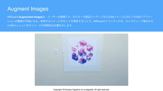 ARCore Augmented Images 2D AR
ARCore
AR
Augment Images
Copyright @Hirokazu Egashira a.k.a eegozilla. All right reserved.
 