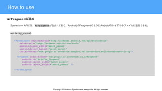 How to use
ArFragment
<FrameLayout xmlns:android="http://schemas.android.com/apk/res/android"
    xmlns:tools="http://schemas.android.com/tools"
    android:layout_width="match_parent"
    android:layout_height="match_parent"
    tools:context="com.google.ar.sceneform.samples.hellosceneform.HelloSceneformActivity">
  <fragment android:name="com.google.ar.sceneform.ux.ArFragment"
      android:id="@+id/ux_fragment"
      android:layout_width="match_parent"
      android:layout_height="match_parent" />
</FrameLayout>
ArFragment
activity_ux.xml
Copyright @Hirokazu Egashira a.k.a eegozilla. All right reserved.
 