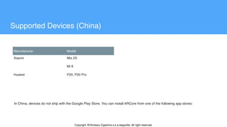 Manufacturer Model
Xiaomi Mix 2S
Mi 8
Huawei P20, P20 Pro
Supported Devices (China)
In China, devices do not ship with the Google Play Store. You can install ARCore from one of the following app stores:
Copyright @Hirokazu Egashira a.k.a eegozilla. All right reserved.
 