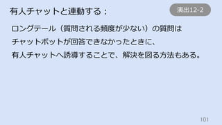 101	
有⼈チャットと連動する：
ロングテール（質問される頻度が少ない）の質問は
チャットボットが回答できなかったときに、
有⼈チャットへ誘導することで、解決を図る⽅法もある。
演出12-2
 