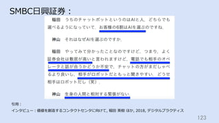 123	
SMBC⽇興証券：
引⽤：
インタビュー：価値を創造するコンタクトセンタに向けて, 稲⽥ 英樹 ほか, 2018, デジタルプラクティス
 