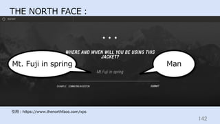 142	
THE NORTH FACE：
引⽤：https://www.thenorthface.com/xps
Mt. Fuji in spring Man
 