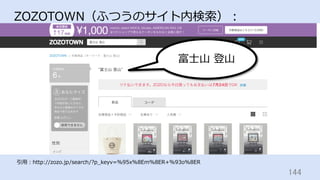 144	
ZOZOTOWN（ふつうのサイト内検索）：
引⽤：http://zozo.jp/search/?p_keyv=%95x%8Em%8ER+%93o%8ER
富⼠⼭ 登⼭
 