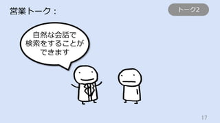 17	
営業トーク：
⾃然な会話で
検索をすることが
できます
トーク2
 