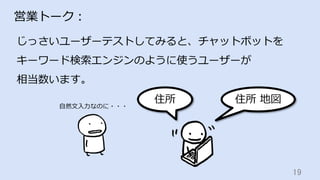 19	
営業トーク：
じっさいユーザーテストしてみると、チャットボットを
キーワード検索エンジンのように使うユーザーが
相当数います。
住所 住所 地図
⾃然⽂⼊⼒なのに・・・
 