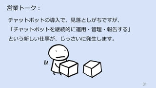 31	
営業トーク：
チャットボットの導⼊で、⾒落としがちですが、
「チャットボットを継続的に運⽤・管理・報告する」
という新しい仕事が、じっさいに発⽣します。
 